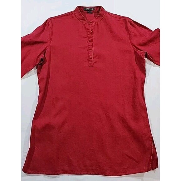 Lauren Ralph Lauren Henley Tunic Top 100% Linen Red Fabric Buttons Size Medium - Picture 2 of 14